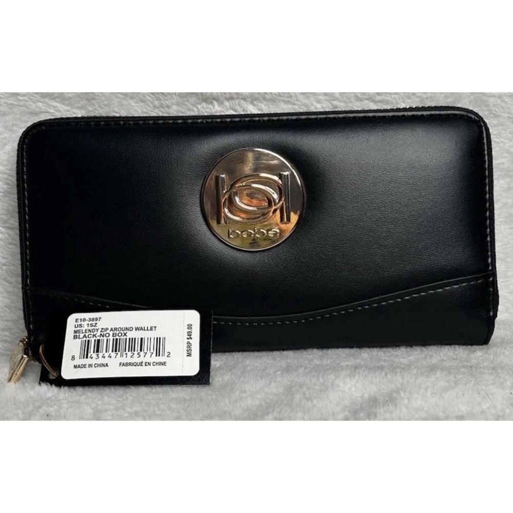 Bebe Melendy Zip Around Wallet Black Faux Leather Gold Logo NEW